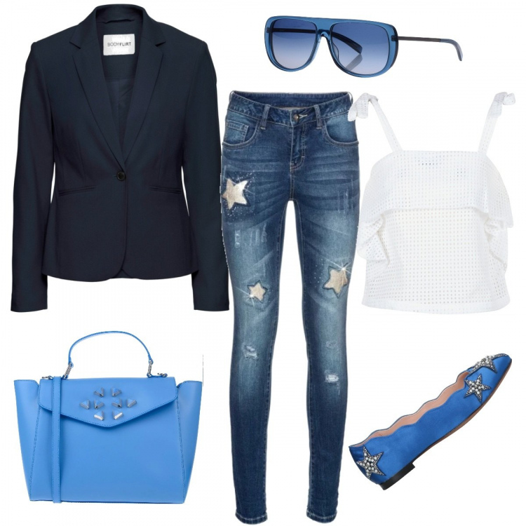 Outfit donna - Una domenica stellare. Stile Urban per Tutti i giorni. Abbinamento con blazer, jeans in denim blu, ballerine e scarpe flat in raso, shopping bag blu, occhiali da sole lenti colorate in montatura in metallo tinta unita, camicetta bianco.