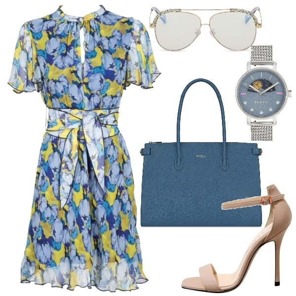 Outfit donna - Margherita... Stile Chic per Cerimonia. Abbinamento con vestito fantasia floreale con scollo e fasce traspirante, sandali con cinturino, orologio, shopping bag, occhiali da sole multicolore.