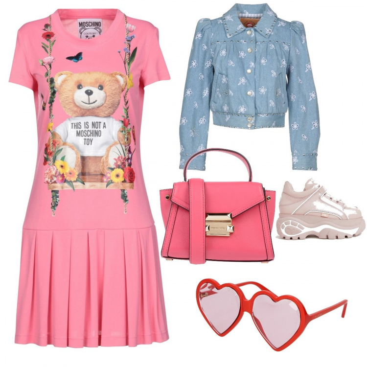 Outfit donna - Flowers sunday. Stile Trendy per Tutti i giorni. Abbinamento con vestiti corti, borse a mano, giacca fantasia floreale con ricamo collo classico a maniche lunghe interno foderato in denim monopetto, occhiali da sole, sneakers flatform rosa.
