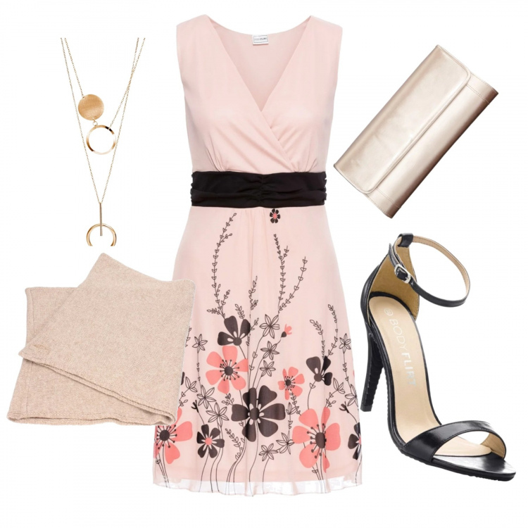 Outfit donna - Trendy #7734. Stile Trendy per Serata fuori. Abbinamento con vestito in maglina, sandali con tacco alto e cinturino in pelle sintetica, collana oro, foulard 80% lana beige, pochette beige.