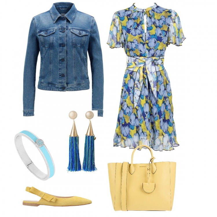 Outfit donna - Primavera in arrivo. Stile Bon Ton per Ufficio. Abbinamento con ballerine con fiocco effetto scamosciato senza tacco a punta tinta unita bianco, borsa a mano taglia media doppio manico tinta unita, orecchini, giacca in denim 98% cotone blu, vestito fantasia floreale con scollo e fasce traspirante, bracciale turchese.