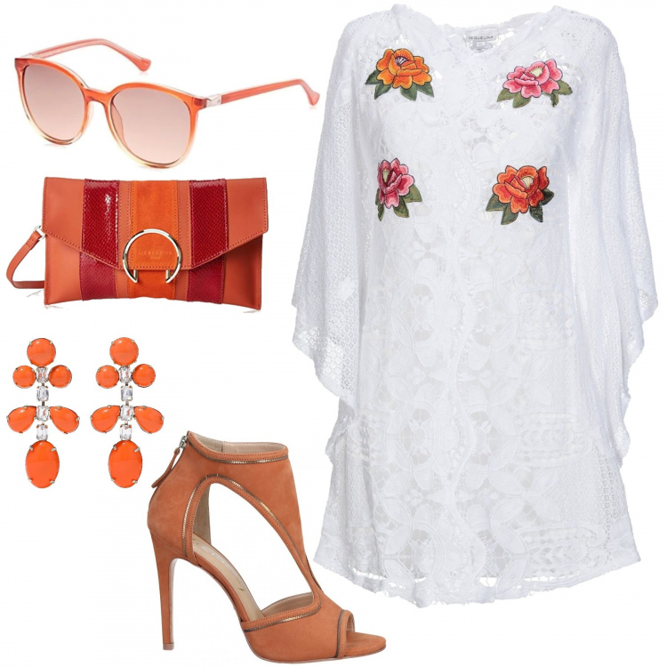 Outfit donna - Fiori arancio. Stile Trendy per Serata fuori. Abbinamento con vestito corto con pizzo fantasia floreale collo tondo senza tasche tinta unita, stivaletti effetto laminato con zip open toe in nabuk tinta unita, orecchini con strass e farfallina, shopping bag arancione, occhiali da sole arancione.