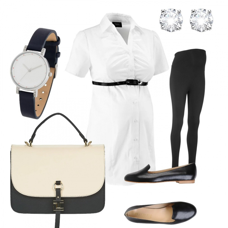 Outfit donna - Premaman con stile. per Tutti i giorni. look ideale per Premaman. Abbinamento con leggings, camicia premaman con cintura effetto vernice con scollo a maniche corte, orologio, mocassini con punta tonda in pelle sintetica tinta unita, borsa a tracolla nero, orecchini in argento 925 argento.