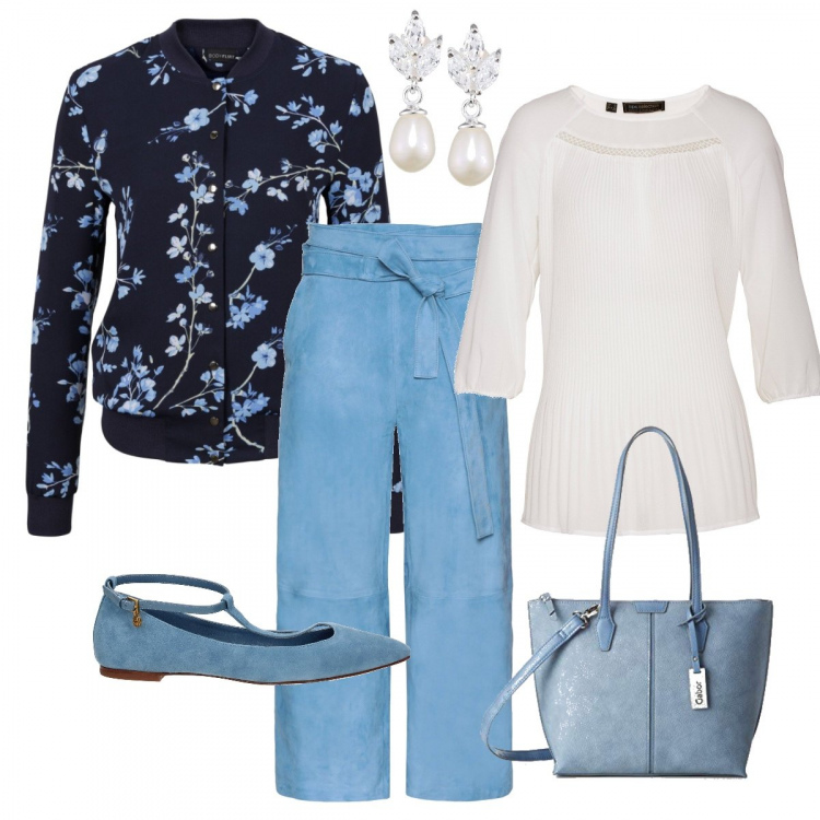Outfit donna - Pantaloni di tendenza. Stile Trendy per Ufficio. Abbinamento con bomber, tunica, pantalone effetto scamosciato, ballerine, borsa a spalla blu, orecchini con perle in sterling 925 argento.