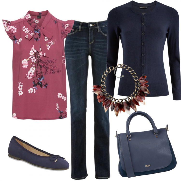Outfit donna - La blusa a fiori. Stile Bon Ton per Ufficio. Abbinamento con jeans dritti, bluse, borsa a mano taglia media con zip interno foderato in pelle sintetica tinta unita, collana, cardigan con scollo aderente blu, ballerine navy.