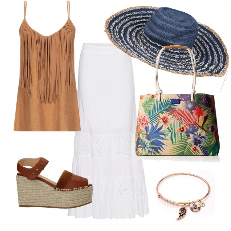Outfit donna - Total look #254171. Stile Trendy per Mare. Abbinamento con top effetto scamosciato scollatura profonda senza maniche tinta unita, cappello fantasia multicolore con frange interno sfoderato, gonna lunga con pizzo bianco, zeppe, borsa a spalla marrone, bangle rosa.