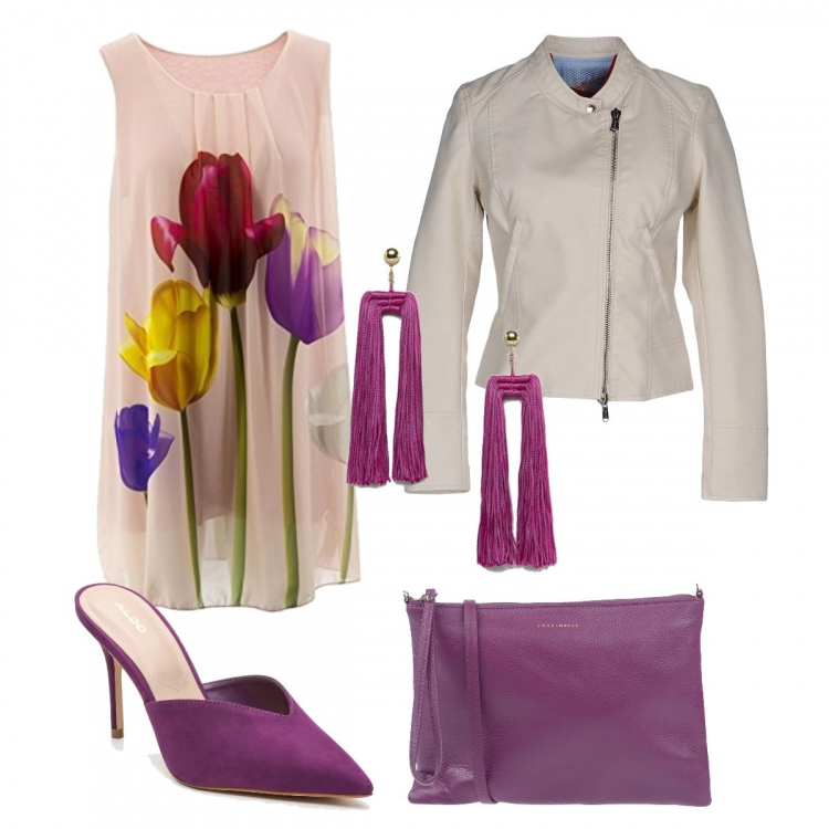 Outfit donna - Rifiorire. Stile Chic per Tutti i giorni. Abbinamento con borsa a mano in pelle martellata taglia media con zip interno foderato tinta unita, cappotti, vestito fantasia floreale girocollo senza maniche taglia unica rosa, décolleté effetto scamosciato viola, orecchini pendenti farfalla in denim con nappine oro.