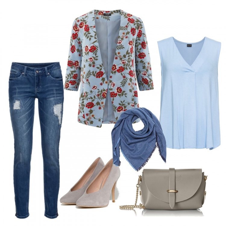 Outfit donna - Bon Ton #3927. Stile Bon Ton per Ufficio. Abbinamento con top, giacca taglio dritto con zip in denim blu, blazer fantasia aderente blu, décolleté, shopping bag, sciarpa taglia unica blu.