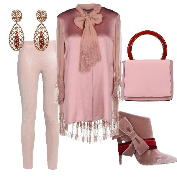 Outfit donna - Rosa in pizzo. Stile Bon Ton per Serata fuori. Abbinamento con borsa a mano con tracolla regolabile rosa, camicia con fiocco a maniche lunghe in raso tinta unita, stivaletti con fiocco fantasia con zip a punta in velluto, leggings effetto scamosciato tinta unita, orecchini a clip in ottone.
