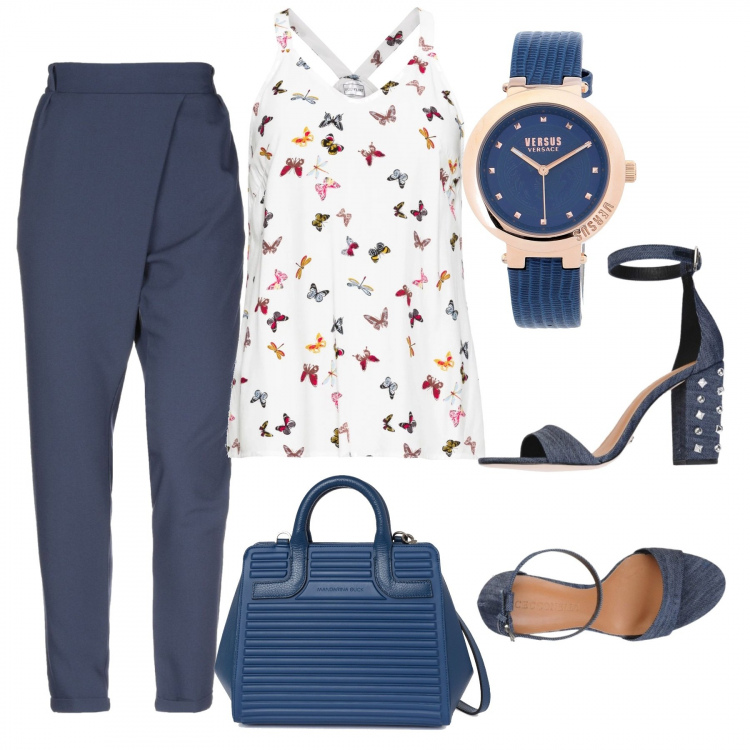Outfit donna - Trendy #7847. Stile Trendy per Serata fuori. Abbinamento con top, pantalone vita alta crêpe, sandali con borchie e tacco squadrato con cinturino e punta tonda pianta stretta in denim tinta unita, orologio con fibbia, borsa a mano con zip e tracolla regolabile blu.