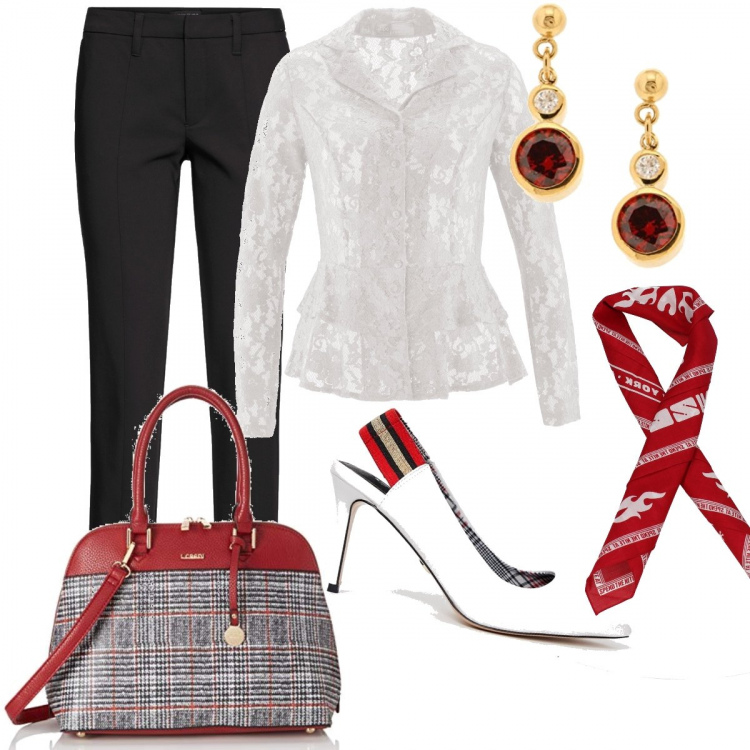 Outfit donna - Basic #4508. Stile Basic per Ufficio. Abbinamento con camicetta con pizzo bianco, pantalone, foulard, décolleté bianco, borsa a mano, orecchini.