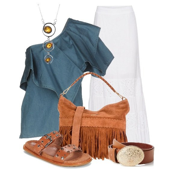 Outfit donna - Gipsy queen. Stile Etnico per Tutti i giorni. look ideale per Tall. Abbinamento con top monospalla in denim senza tasche tinta unita, borsa a mano con frange taglia media tinta unita, gonna lunga con pizzo bianco, scarpe marrone, collane, cintura marrone.