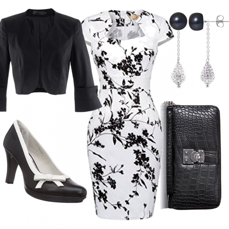Outfit donna - Total look #254622. Abbinamento con bolero, vestito al ginocchio fantasia floreale aderente, scarpe con plateau nero, portafoglio con zip nero, orecchini in argento 925.