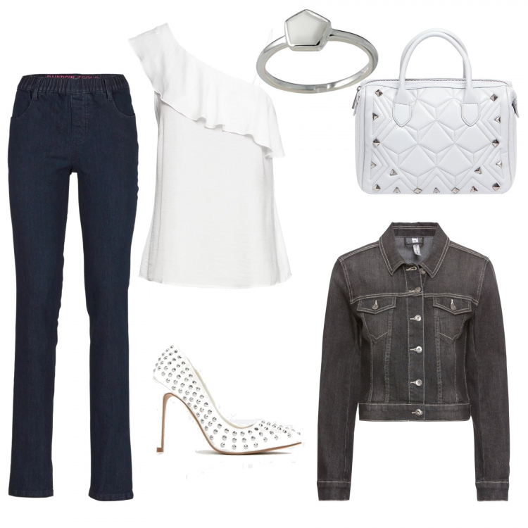 Outfit donna - Capsule primavera n. 3. Stile Sexy per Serata fuori. Abbinamento con jeggings, top monospalla con volant, giacca con paillettes in denim nero, scarpe con borchie a punta in denim, borsa a mano con borchie e tracolla regolabile blu e bianco, shopping bag in sterling 925 argento e bianco.