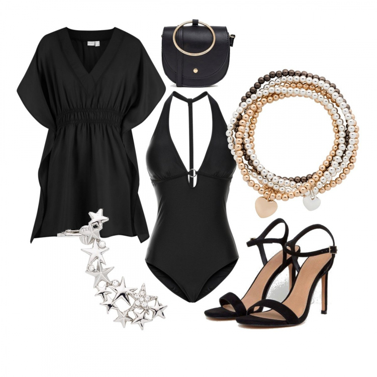 Outfit donna - Party in riva al mare. Stile Sexy per Mare. Abbinamento con costumi interi, tuniche, bracciale, bluse, sandali petite collo aperto nudo, anello con zip e tasca interna nero.