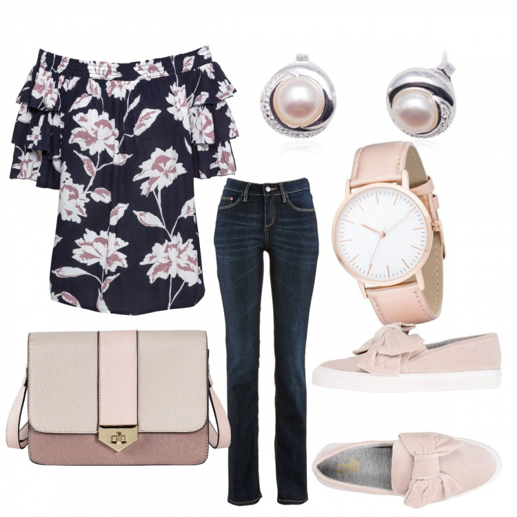 Outfit donna - Cipria. Stile Bon Ton per Tutti i giorni. Abbinamento con jeans dritti, camicetta con spalle scoperte, borsa a tracolla, orologio con cinturino effetto metallizzato oro, sneakers tennis, orecchini in sterling 925 argento.