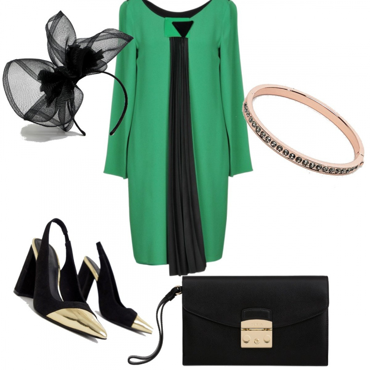 Outfit donna - Chic #4478. Stile Chic look ideale per Premaman. Abbinamento con vestiti corti, scarpe con tacco con tacco alto e cinturino a punta in denim, cerchietto fantasia a rete vivace, bracciale con zip in oro rosa rigido, clutch.
