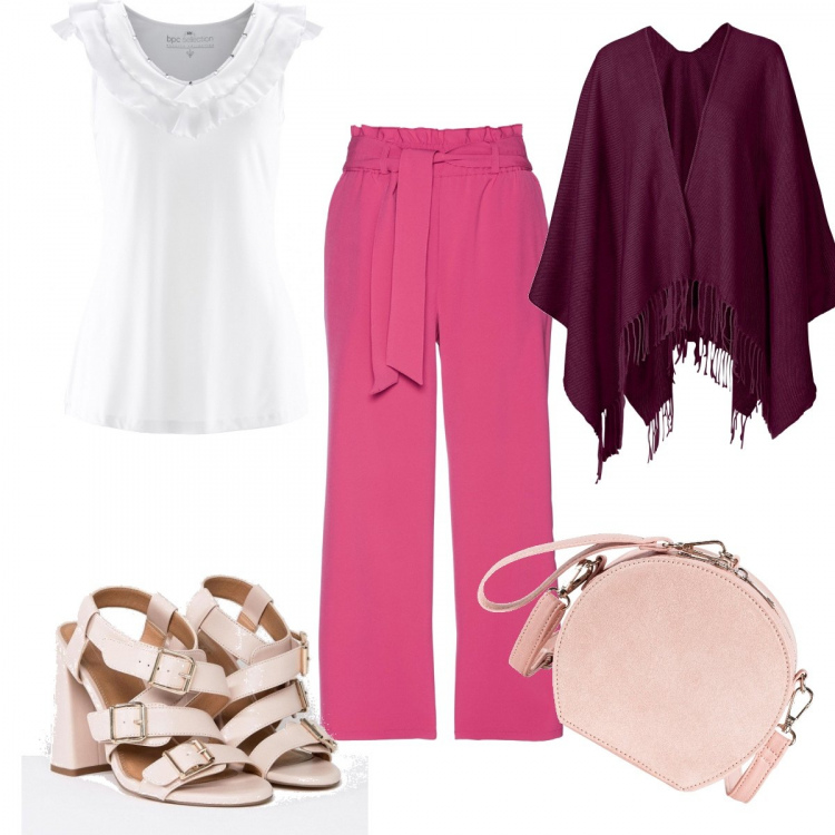 Outfit donna - Total look #254987. Abbinamento con pantaloni a culottes con cintura, borsa a tracolla, top in maglina, cappotti, sandali con tacco largo collo aperto con cinturino in denim.