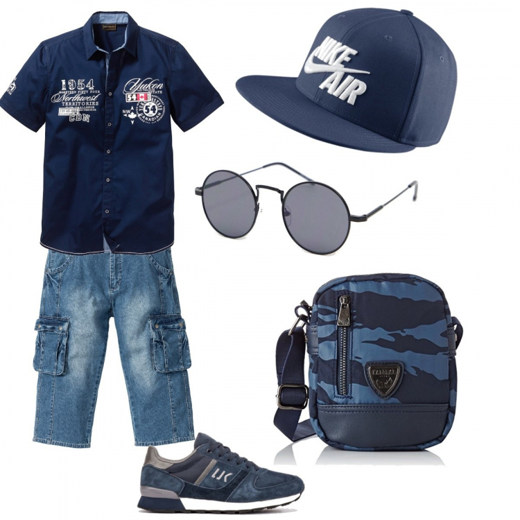 Outfit uomo - Total blu. Stile Casual per Tutti i giorni. Abbinamento con camicie a manica corta, pinocchietto in denim con tasche blu.