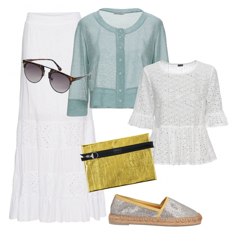 Outfit donna - Easy april sunny day. Stile Basic per Tutti i giorni. Abbinamento con cardigan lavorato a maglia collo tondo a maniche 3/4 tinta unita, espadrillas effetto laminato senza tacco interno foderato con punta tonda tinta unita, pochette effetto laminato con zip in pelle sintetica tinta unita, gonna lunga con pizzo bianco, blusa con pizzo traforato bianco, occhiali da sole lenti colorate stanghette sottili protezione dai raggi.