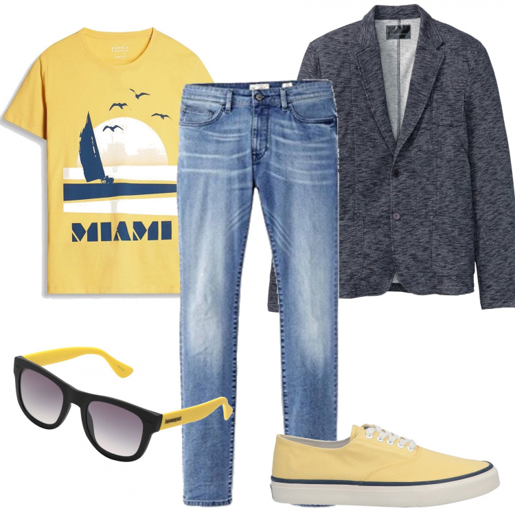 Outfit uomo - Domenica al mare. Stile Trendy per Tutti i giorni. Abbinamento con occhiali da sole lenti sfumate montatura in plastica, sneakers.
