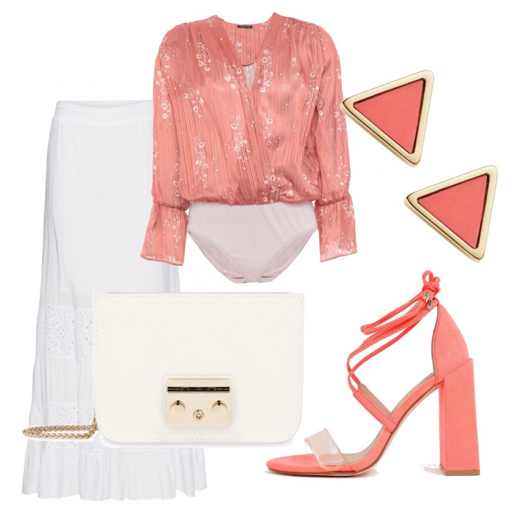 Outfit donna - Chic #4489. Stile Chic per Serata fuori. Abbinamento con blusa senza tasche fantasia floreale effetto laminato scollatura profonda a maniche lunghe in raso, orecchini con farfallina, gonna lunga con pizzo bianco, sandali collo aperto con laccetti in denim nudo e rosa, borsa a tracolla.