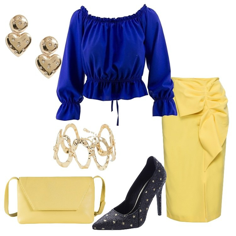 Outfit donna - Party anni \'80. Stile Trendy per Serata fuori. Abbinamento con vestiti chemisier, gonna a tubino con spacco giallo, borsa a tracolla, maglia, orecchini pendenti farfalla oro, bracciale in denim con catenina oro.
