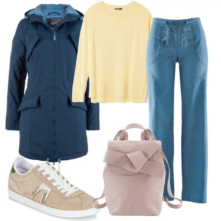 Outfit donna - Basic #4611. Stile Basic per Scuola/Università. Abbinamento con pantaloni a palazzo, giacca blu, zaino con fiocco, maglia con spacco laterale girocollo a maniche lunghe tinta unita giallo, sneakers.