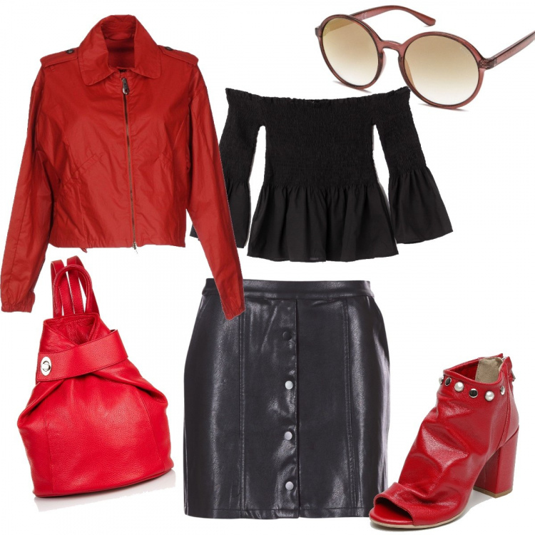 Outfit donna - Total look #255321. Abbinamento con giubbotto collo classico a maniche lunghe con zip interno sfoderato in cotone tinta unita, occhiali da sole lenti sfumate montatura in plastica, blusa a zampa con scollo tinta unita nero, gonna nero, zaino con manico e zip interno foderato made italy rosso, tronchetti con tacco e zip con punta tonda rosso.
