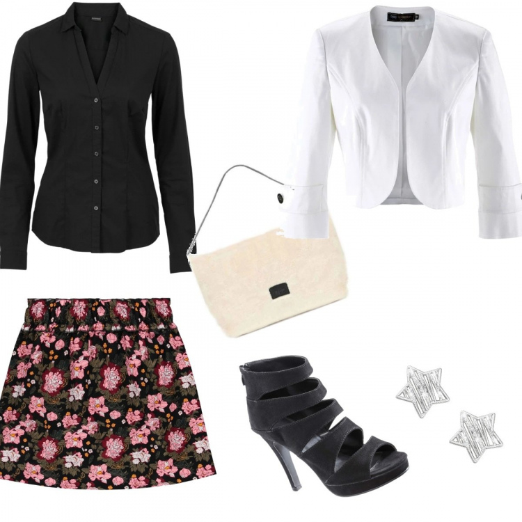 Outfit donna - Un\'uscita serale glam. Stile Trendy per Serata fuori. Abbinamento con camicie, bolero, sandali col tacco, gonna con cerchi e ruches nero e rosa, orecchini glitter in ottone rodiato, pochette.