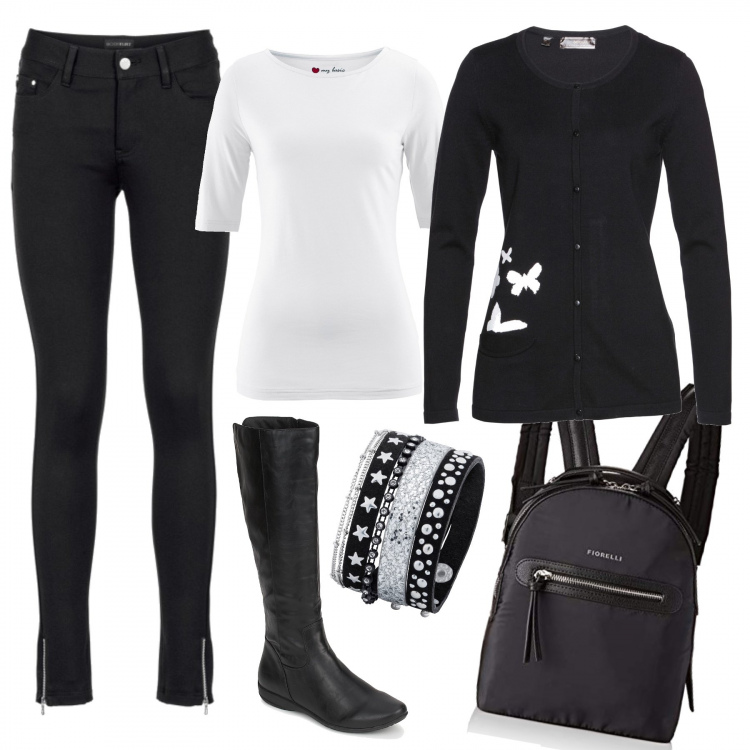 Outfit donna - Bon Ton #4108. Stile Bon Ton per Tutti i giorni. Abbinamento con pantaloni, cardigan, maglia sport con scollo elasticizzato bianco, bracciale con strass glitter nero, stivali, borsa messenger nero.