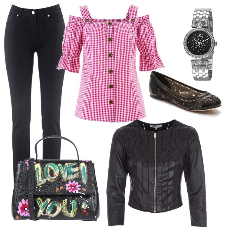 Outfit donna - Urban #3147. Stile Urban per Tutti i giorni. Abbinamento con jeans dritti, camicia, borsa a mano mini con manico e stampa in pelle martellata rigido, giacca fantasia floreale con scollo e zip in ecopelle nero, orologio, ballerine con punta tonda nero.