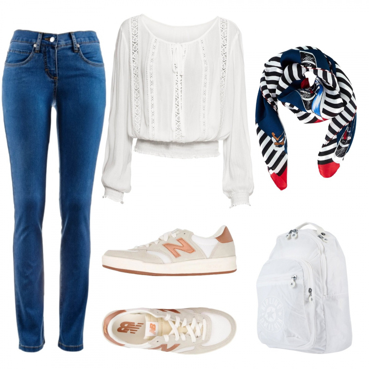 Outfit donna - Basic #4691. Stile Basic per Tutti i giorni. Abbinamento con jeans dritti, blusa con pizzo, sneakers tennis, borsa, foulard made italy con stampa in seta blu.