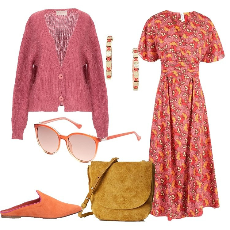 Outfit donna - Vestito longuette e mule. Stile Trendy per Tutti i giorni. Abbinamento con vestito longuette, cardigan lavorato a maglia a maniche lunghe in mohair tinta unita, sabot, orecchini contrasto con farfallina in ottone oro, occhiali da sole arancione, borsa a tracolla effetto scamosciato rosa e giallo.
