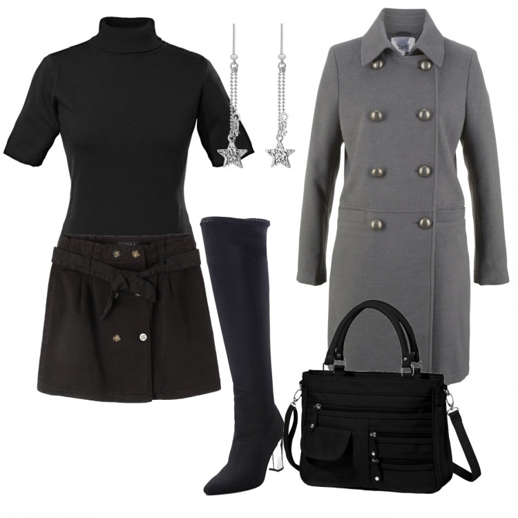 Outfit donna - W i \'90. Stile Urban per Serata fuori. Abbinamento con maglieria, giacca grigio, borse a spalla, stivali, gonna con bottoni nero, orecchini pendenti in sterling 925 ipoallergenico argento e bianco.