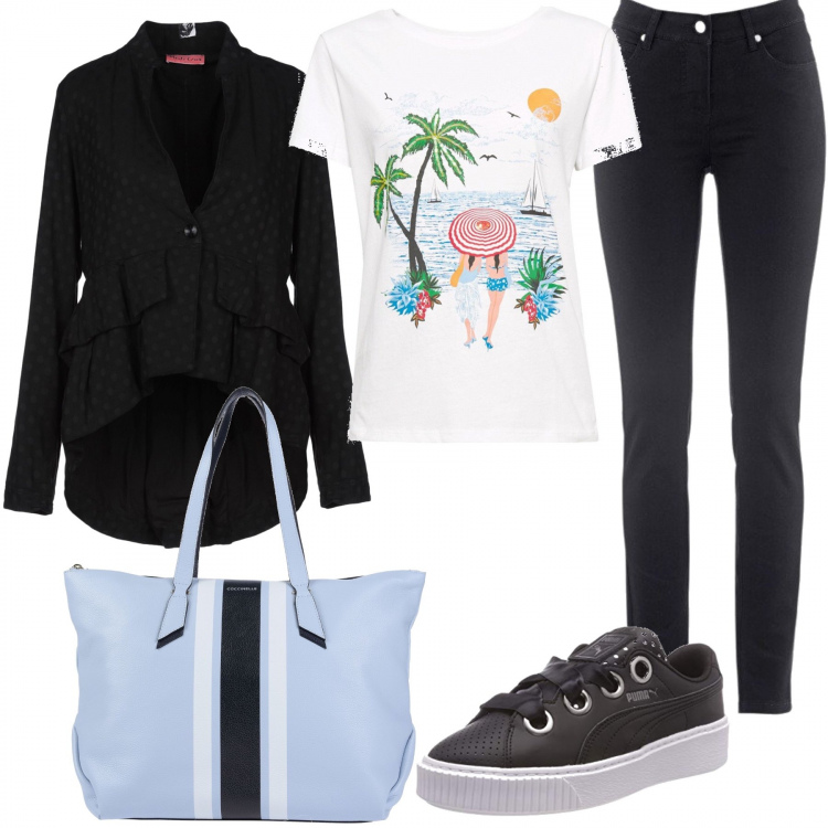 Outfit donna - Estate addosso. Stile Bon Ton per Scuola/Università. Abbinamento con jeans dritti, blazer, borsa a mano maxi in pelle martellata con zip interno foderato tinta unita, scarpe da ginnastica in ecopelle nero, t-shirt multicolore e bianco.