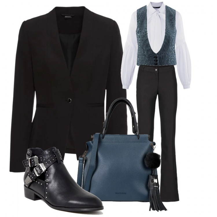 Outfit donna - Elegante col panciotto. Stile Trendy per Ufficio. look ideale per Tall. Abbinamento con pantaloni, blazer, borsa a mano taglia media in pelle sintetica, stivaletti con borchie e tacco basso a punta nero, gilet a panciotto scollatura profonda con tasche blu, camicetta con fiocco aderente bianco.