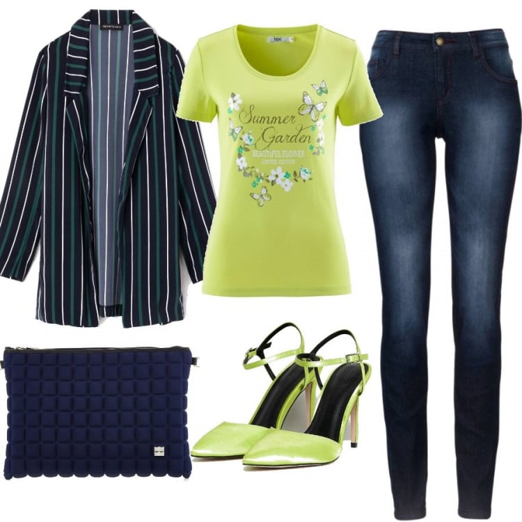 Outfit donna - Libero Fluo. Stile Trendy Abbinamento con jeans skinny, maglia a maniche corte, giacca lunga a righe con bottoni blu, scarpe a punta in denim, clutch con tracolla regolabile blu e argento.