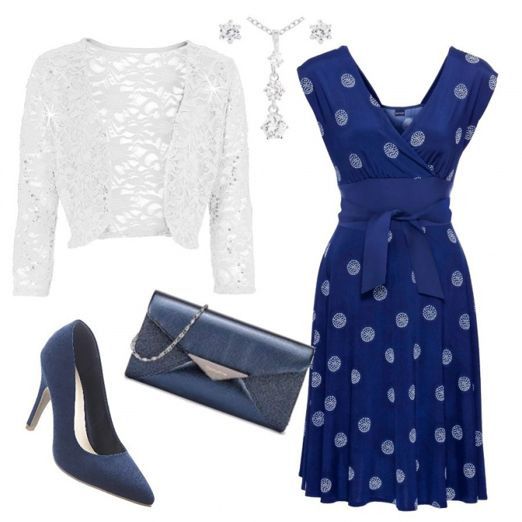 Outfit donna - Pizzo. Stile Bon Ton per Cerimonia. Abbinamento con vestito a portafoglio fantasia con scollo elasticizzato blu, bolero, décolleté, clutch, orecchini in sterling 925 argento.