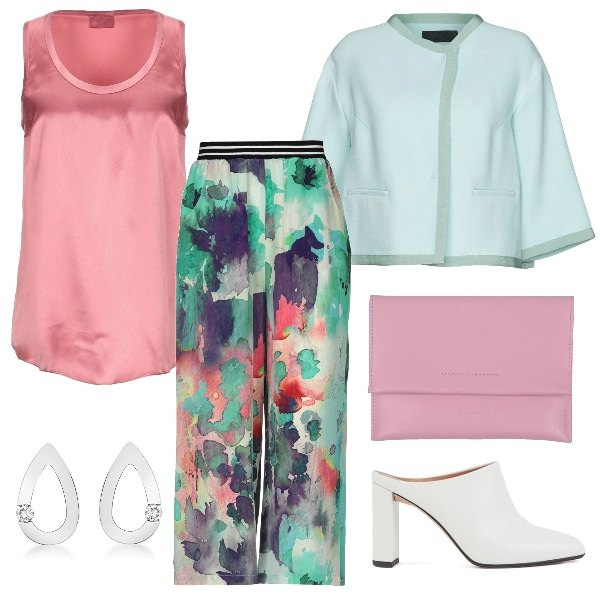 Outfit donna - I pantaloni in fantasia acquerello. Stile Chic per Cerimonia. Abbinamento con pantalone fantasia multicolore lavorato a maglia vita alta in seta crêpe, blazer, pochette tinta unita, top collo tondo in raso tinta unita, sabot montone, orecchini in oro bianco 9ct.