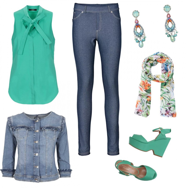 Outfit donna - Acquamarine outfit. Stile Urban per Serata fuori. Abbinamento con jeggings, sciarpina fantasia floreale, sandali pelle con zeppe e fibbia con punta tonda tinta unita, top con fiocco tinta unita, orecchini con perline e farfallina in ottone, giacca con taschini girocollo in denim con polsini.