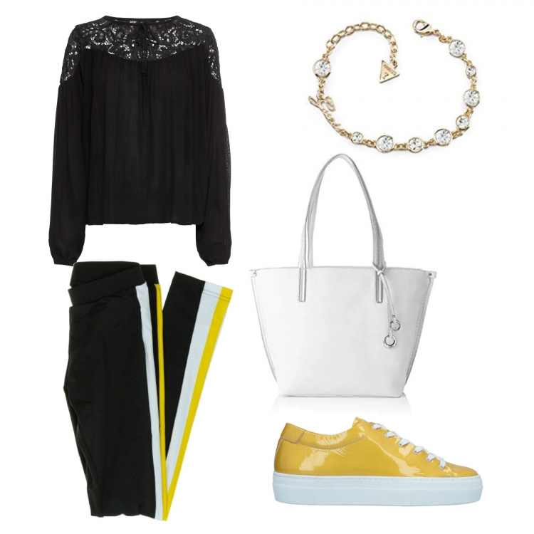 Outfit donna - Hello Spring. Stile Trendy per Tutti i giorni. Abbinamento con tuniche, sneakers tennis, leggings e jeggings a righe, borsa a spalla bianco, bracciale.
