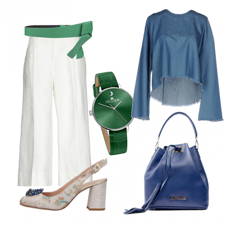 Outfit donna - Total look #256542. Abbinamento con camicia jeans collo tondo a maniche lunghe in denim tinta unita, pantaloni, décolleté slingback contrasto effetto laminato con tacco squadrato e fibbia con punta tonda, cintura con fiocco tinta unita, borsa a tracolla secchiello con manico e borchie con coulisse e nappine, orologi.