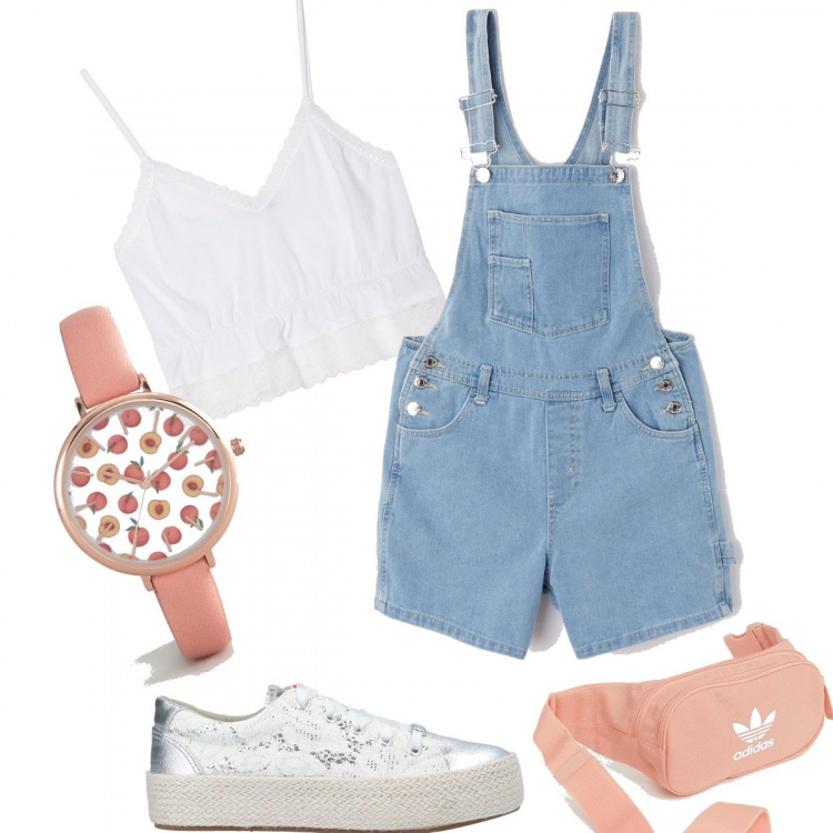 Outfit donna - Aspettando l\'estate. Stile Basic per Mare. Abbinamento con sneakers tennis nero, salopette in denim blu, orologio con stampa e cinturino in pelle sintetica, marsupio con zip e logo rosa, top con pizzo e cerchi con ruches e spalline sottili bianco.