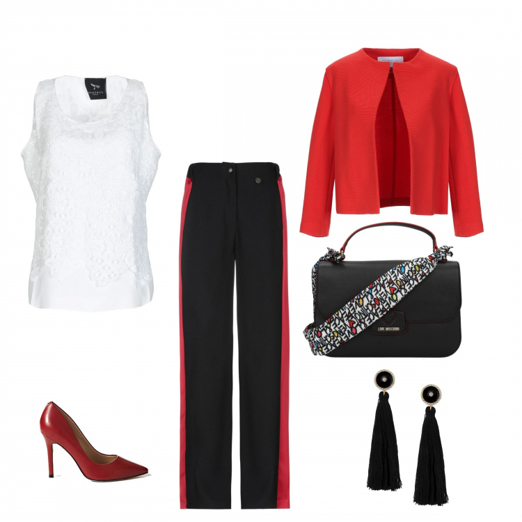 Outfit donna - Total look #256569. per Serata fuori. Abbinamento con pantalone in raso, top con pizzo collo tondo crêpe, giacca, orecchini, borsa a mano con logo frontale nero, décolleté.