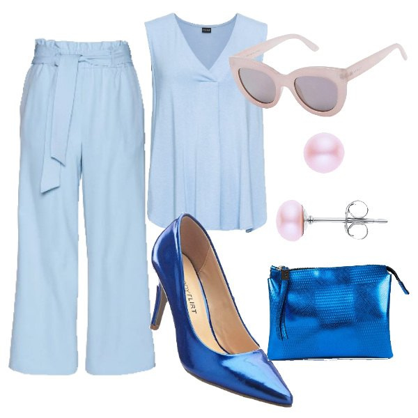 Outfit donna - Pantalone culotte. Stile Bon Ton per Serata fuori. Abbinamento con top, pantaloni a culottes con cintura blu, décolleté, occhiali da sole, borsa a tracolla fantasia con zip, orecchini in argento 925 rosa.