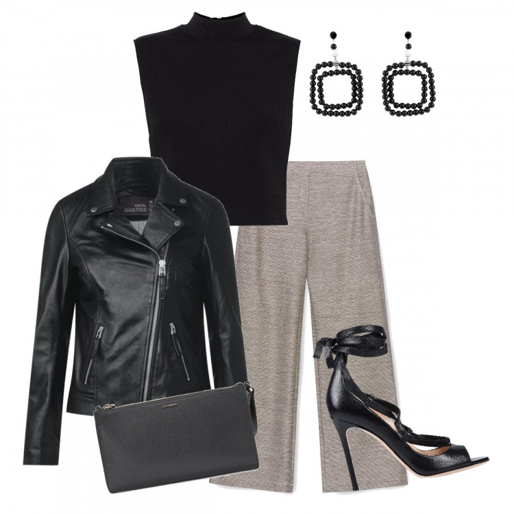 Outfit donna - Eleganza rock. Stile Trendy per Tutti i giorni. Abbinamento con décolleté con punta tonda tinta unita, top collo alto con zip jersey, orecchini a clip, borsa a tracolla mini tinta unita, cappotto nero, pantalone.