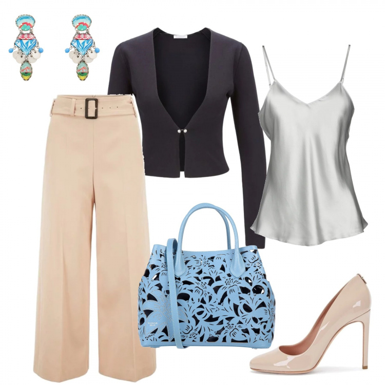 Outfit donna - La borsa azzurra. Stile Sexy per Ufficio. Abbinamento con borsa a tracolla blu, canotta intima collo a v in raso tinta unita, orecchini con perline e farfallina in ottone, décolleté montone con tacco spillo in pelle, pantalone wide leg twill, giacca.