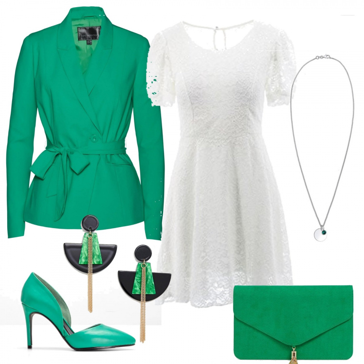 Outfit donna - Pizzo. Stile Trendy per Cerimonia. Abbinamento con blazer forma asimmetrica con cintura verde, décolleté, vestito con pizzo fantasia floreale a maniche corte taglia unica bianco, clutch petite, orecchini pendenti nero, collane.