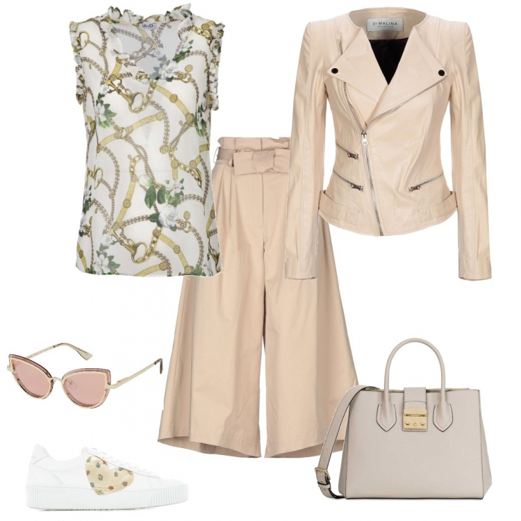 Outfit donna - Trendy #8298. Stile Trendy per Tutti i giorni. Abbinamento con pantalone lungo, giubbotto collo tondo a maniche lunghe con zip interno foderato tinta unita, occhiali da sole, top con stampa nero, sneakers glitter bianco, shopping bag in pelle con tracolla removibile.